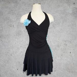 Gorg Black Tiered Halter Neck Ruffle Mini Dress with Blue Flower & Lace Up- XS/S